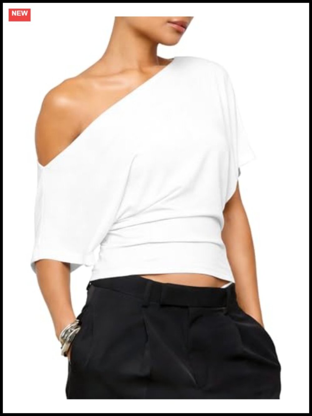 Off Shoulder Crop Top Asymmetrical Dolman Sleeve Ruched Summer Going Out Tee